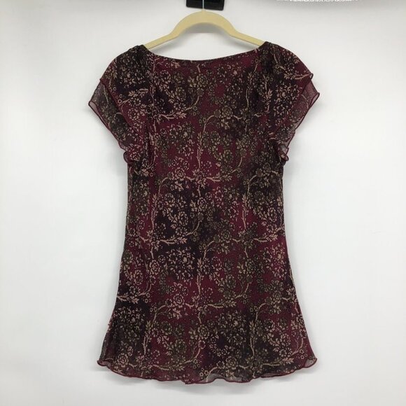 Burgundy Floral Chiffon flowy tunic scoop neck Short Sleeve Blouse size ~M - Picture 2 of 14